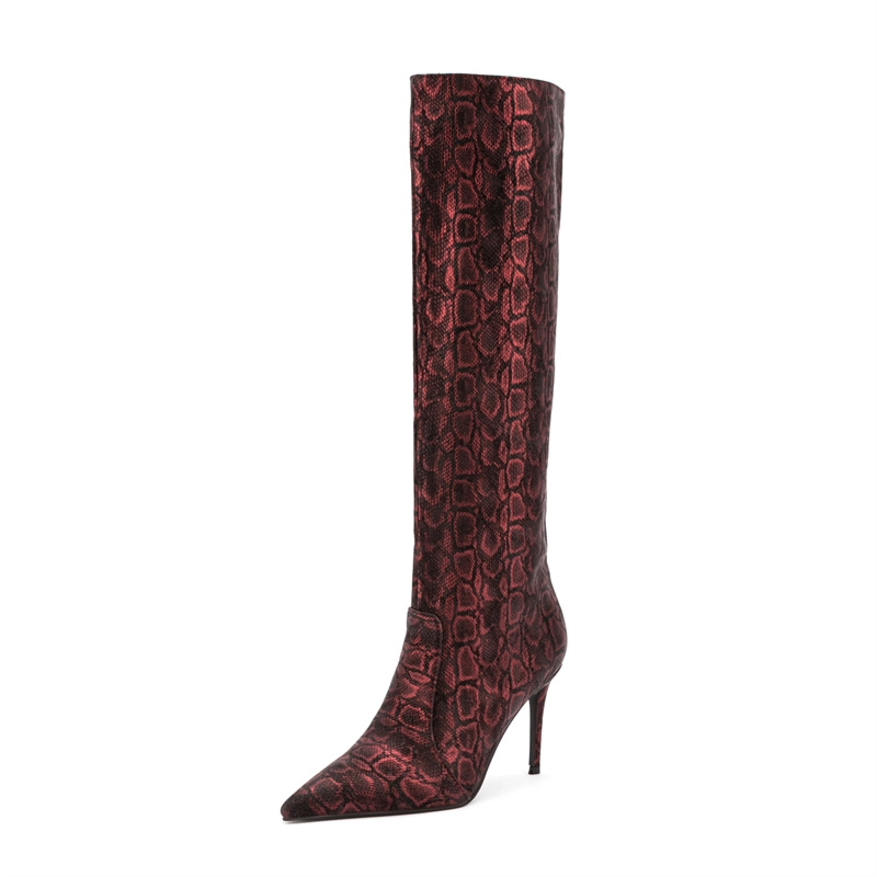 Snake Print Knee High Stiletto Boots Pointed Toe Dress Boots For Women