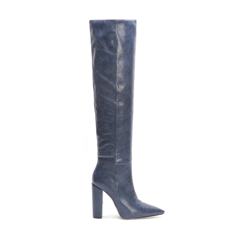 Snake Printed Pointy Toe Block Heel Women Knee High Boots - Image 6