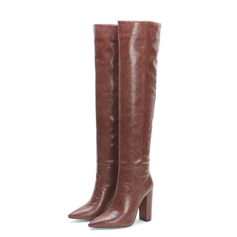 Snake Printed Pointy Toe Block Heel Women Knee High Boots - Image 20