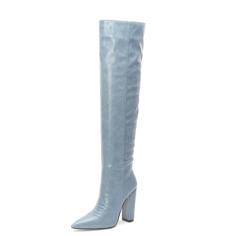 Snake Printed Pointy Toe Block Heel Women Knee High Boots - Image 12