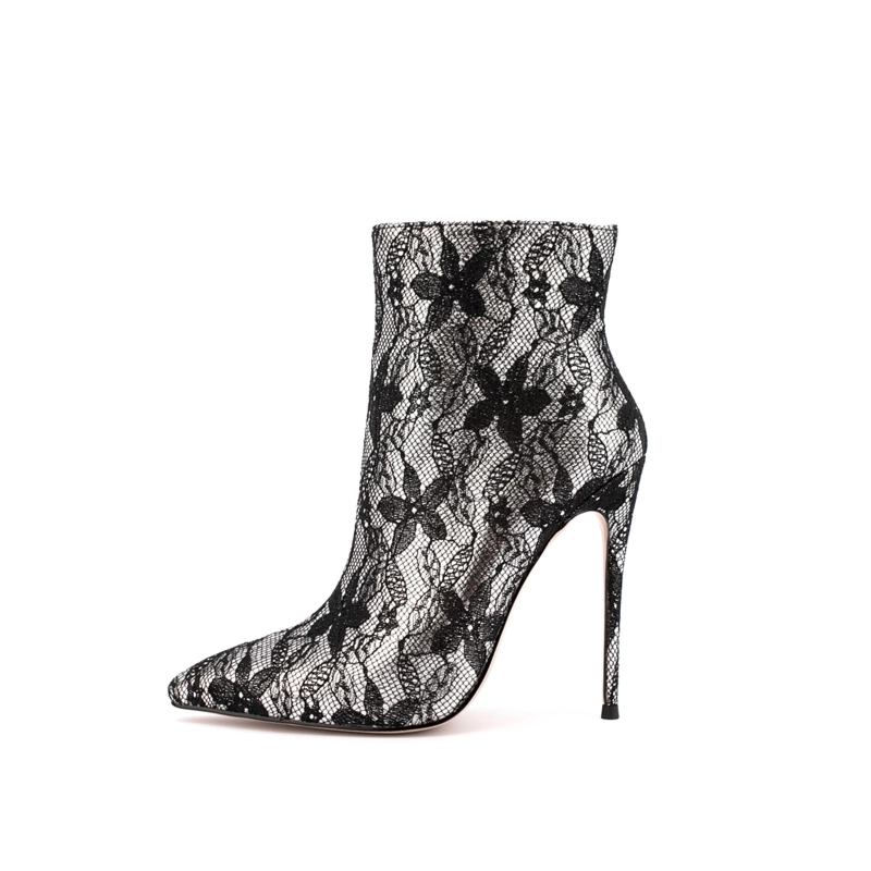 Stiletto Lace&Mesh Floral Embroidered Ankle Boots Party Dress Booties - Image 2