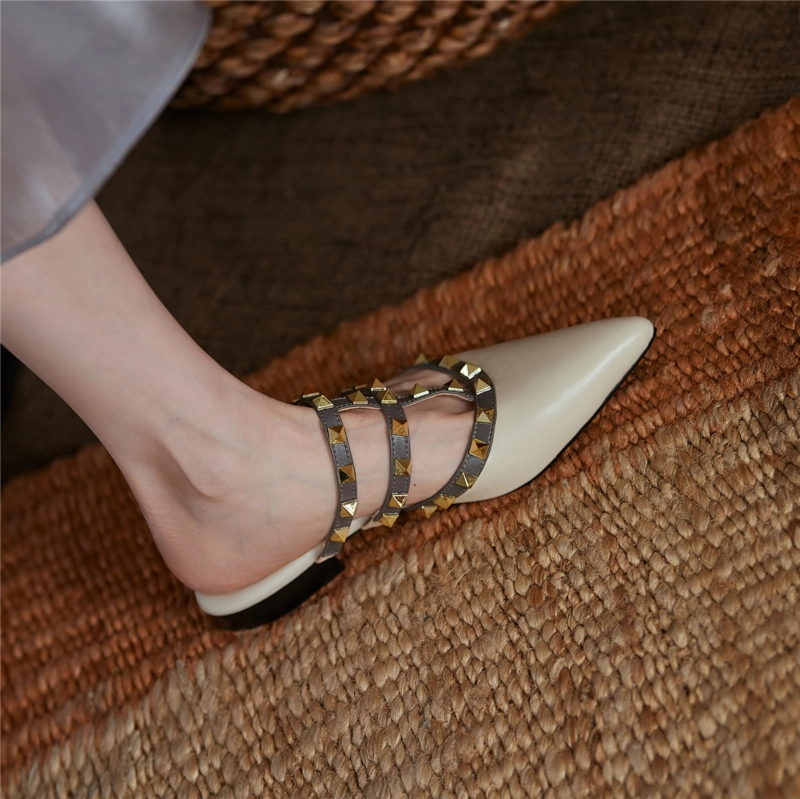 Studded Flat Mule Slides T-Strap Closed Toe Rivet Flat Sandals - Image 19