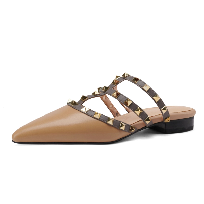 Studded Flat Mule Slides T-Strap Closed Toe Rivet Flat Sandals - Image 5