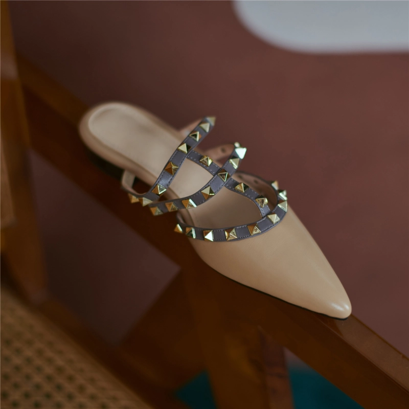 Studded Flat Mule Slides T-Strap Closed Toe Rivet Flat Sandals - Image 6