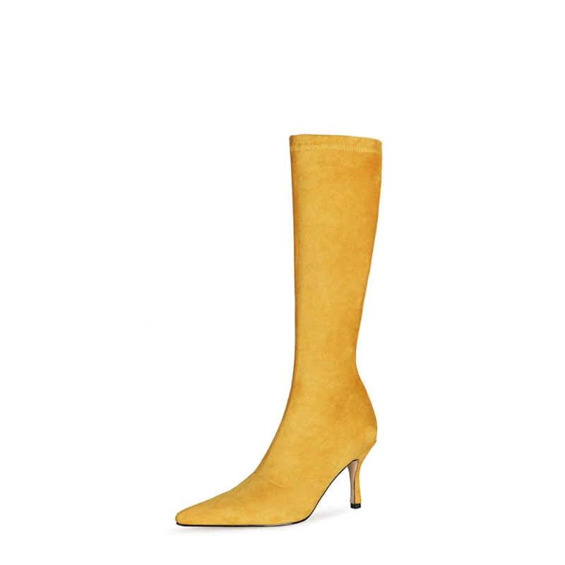 Suede Plain Elastic Pointed Toe Knee High Boots - Image 9
