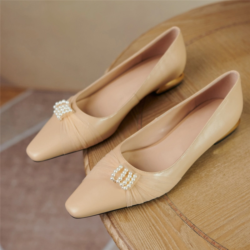 Summer Almond Toe Pearls Mesh Flats Leather Shoes Low Heels - Image 12