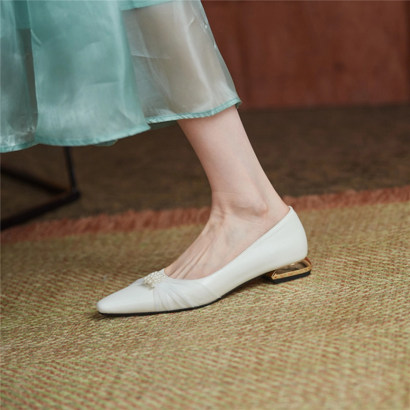 Summer Almond Toe Pearls Mesh Flats Leather Shoes Low Heels - Image 5