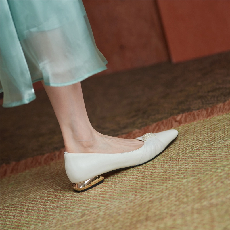 Summer Almond Toe Pearls Mesh Flats Leather Shoes Low Heels - Image 6