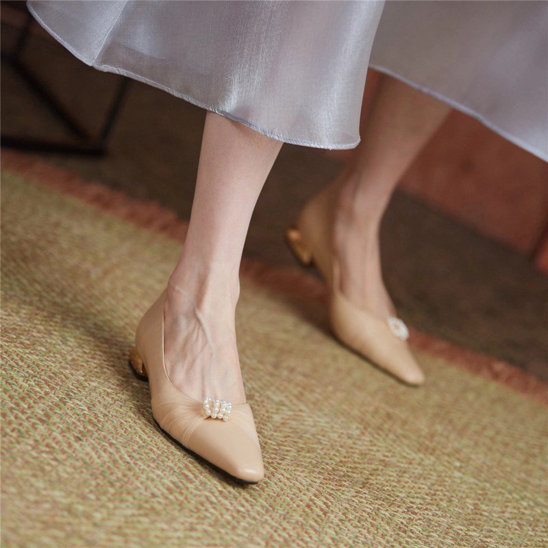 Summer Almond Toe Pearls Mesh Flats Leather Shoes Low Heels - Image 10