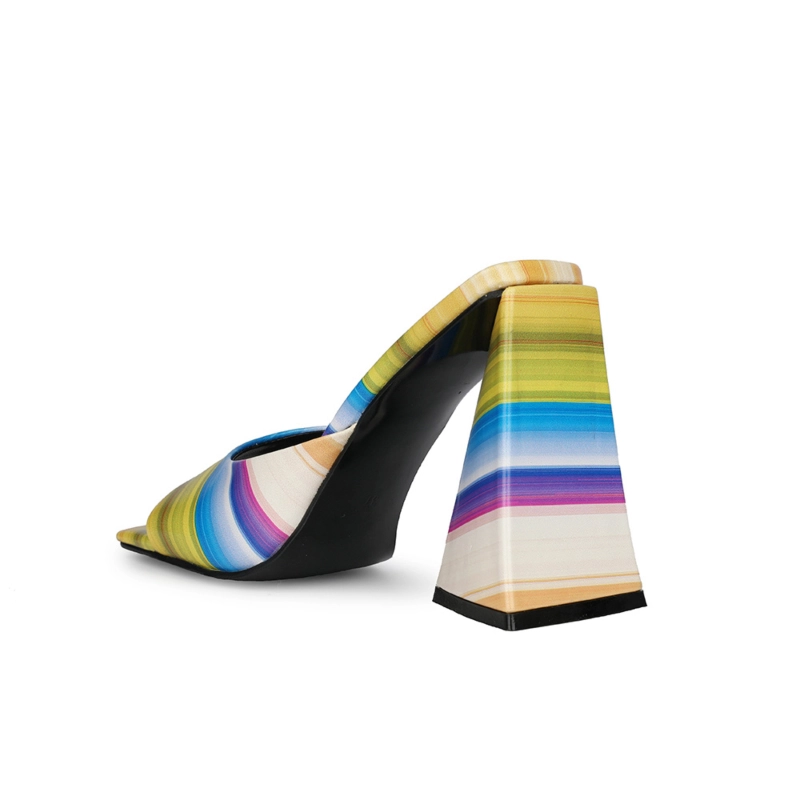 Summer Colorful Striped Slide Sandals Chunky Heels For Ladies 5 Summer Colorful Striped Slide Sandals Chunky Heels For Ladies - Image 3