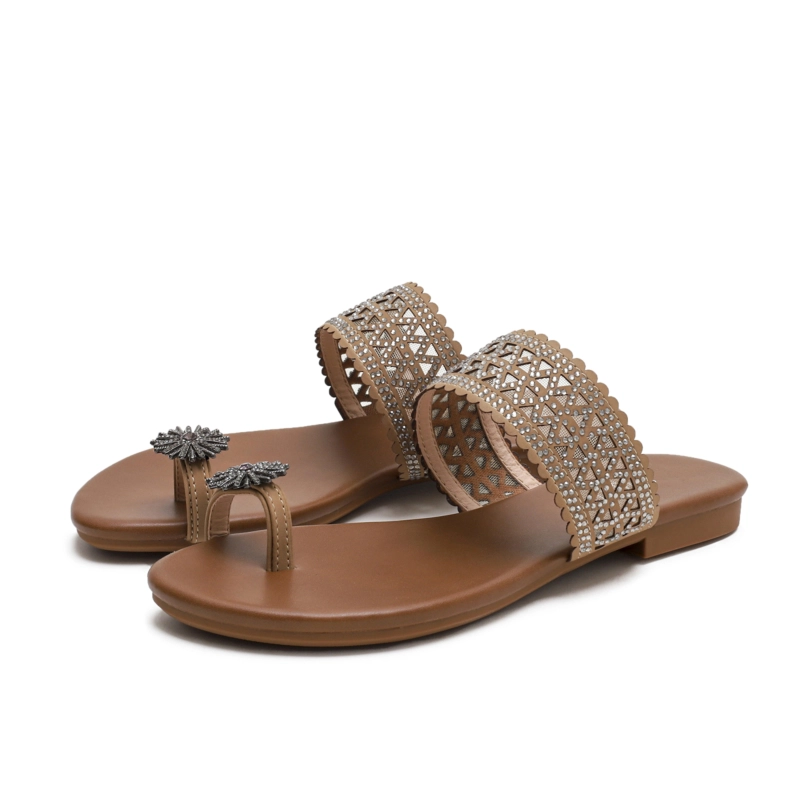 Boho Toe Ring Crystals Hollow Out Slide Flats Gladiator Sandals