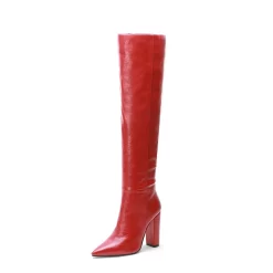 Trendy Pointed Toe Block Heel Knee High Boots -Ladies Fashion Shoes trendy leather pointed toe block heel knee high boots red 1 2 1.jpg.mst