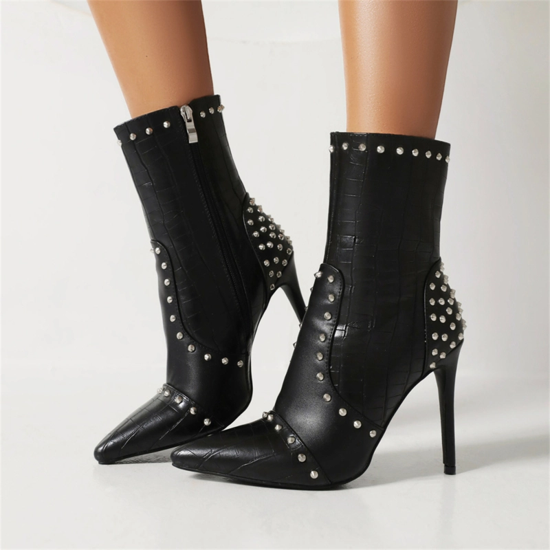 Women's Black Veagn Leather Pointed Toe Rivets Stiletto Heels Ankle Booties 7 Women's Black Veagn Leather Pointed Toe Rivets Stiletto Heels Ankle Booties - Image 5