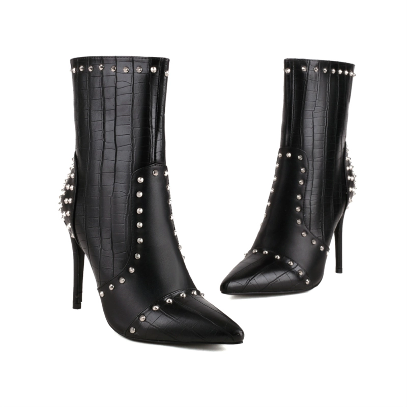 Women's Black Veagn Leather Pointed Toe Rivets Stiletto Heels Ankle Booties 17 Women's Black Veagn Leather Pointed Toe Rivets Stiletto Heels Ankle Booties - Image 15