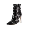 Black Patent Leather Pointed Toe Stilettos Buckles Party Fashion Ankle Boots