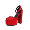 Satin Square Toe Block Heels Platform Ankle Strap Pumps