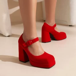 Vegan Leather Square Toe Platform Block Heels Mary Jane Pumps
