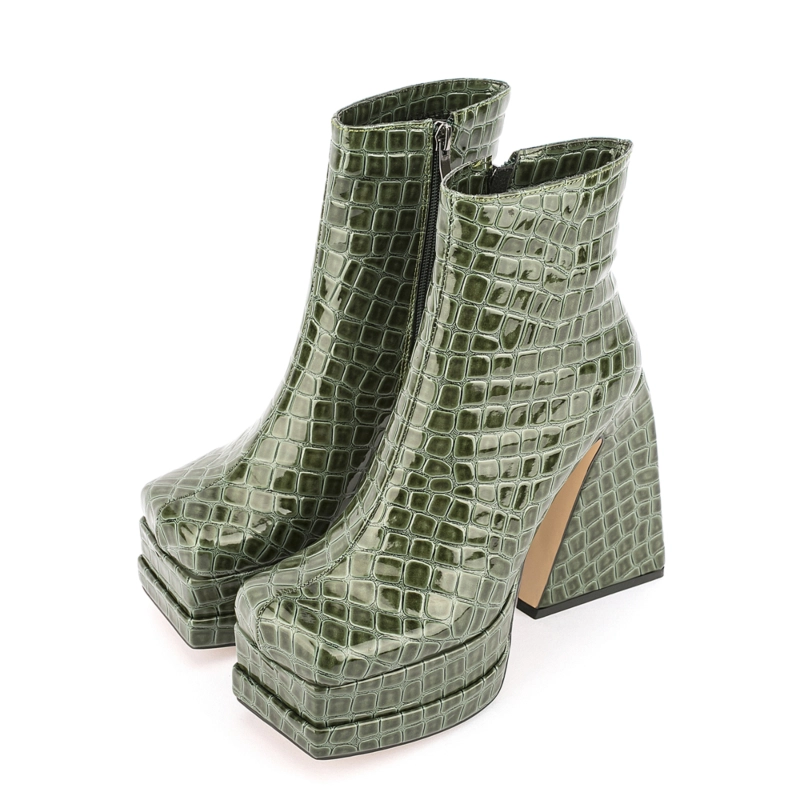 Women's Patent Leather Platform Chunky Heels Square Toe Ankle Booties 4 Women's Patent Leather Platform Chunky Heels Square Toe Ankle Booties - Image 2