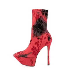 Women's Red And Black Flowes Print Pointed Toe Platform Elastic Ankle Boots -Ladies Fashion Shoes u2s zj 495 01.jpg.mst