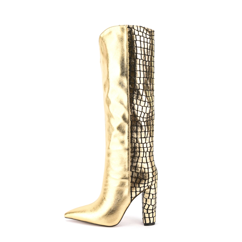 Animal Printed V Cut Knee High Boots Pointed Toe Chunky Heels Long Boots 8 Animal Printed V Cut Knee High Boots Pointed Toe Chunky Heels Long Boots - Image 6