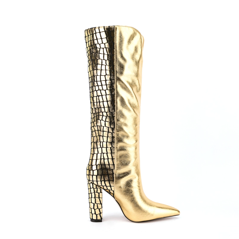 Animal Printed V Cut Knee High Boots Pointed Toe Chunky Heels Long Boots 5 Animal Printed V Cut Knee High Boots Pointed Toe Chunky Heels Long Boots - Image 3