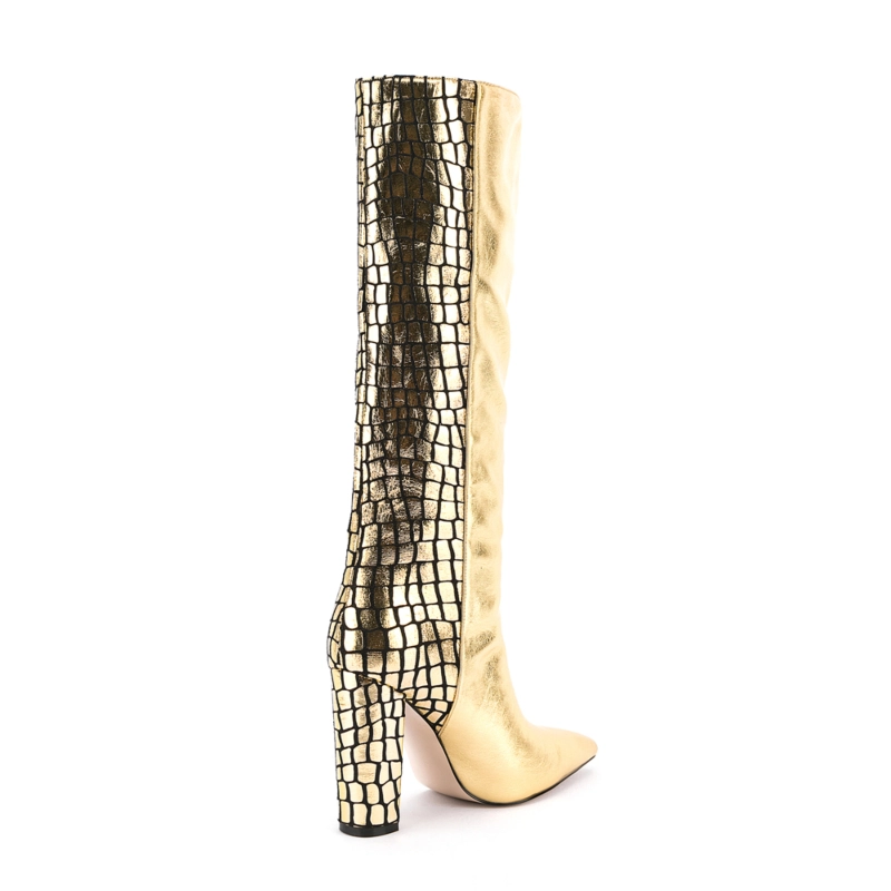 Animal Printed V Cut Knee High Boots Pointed Toe Chunky Heels Long Boots 6 Animal Printed V Cut Knee High Boots Pointed Toe Chunky Heels Long Boots - Image 4