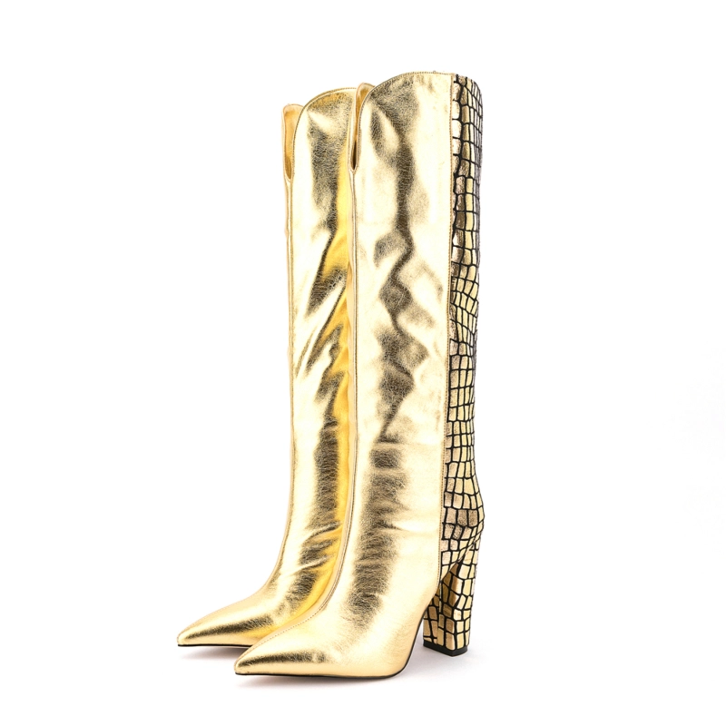 Animal Printed V Cut Knee High Boots Pointed Toe Chunky Heels Long Boots 4 Animal Printed V Cut Knee High Boots Pointed Toe Chunky Heels Long Boots - Image 2