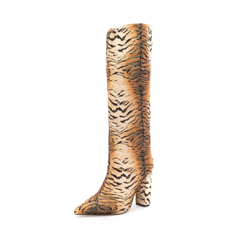 Animal Printed V Cut Knee High Boots Pointed Toe Chunky Heels Long Boots 10 Animal Printed V Cut Knee High Boots Pointed Toe Chunky Heels Long Boots - Image 8