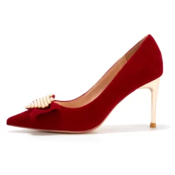 Women's Red Velvet Bow Heels Pointed Toe Pumps -Ladies Fashion Shoes u2s20221025 10.jpg.mst