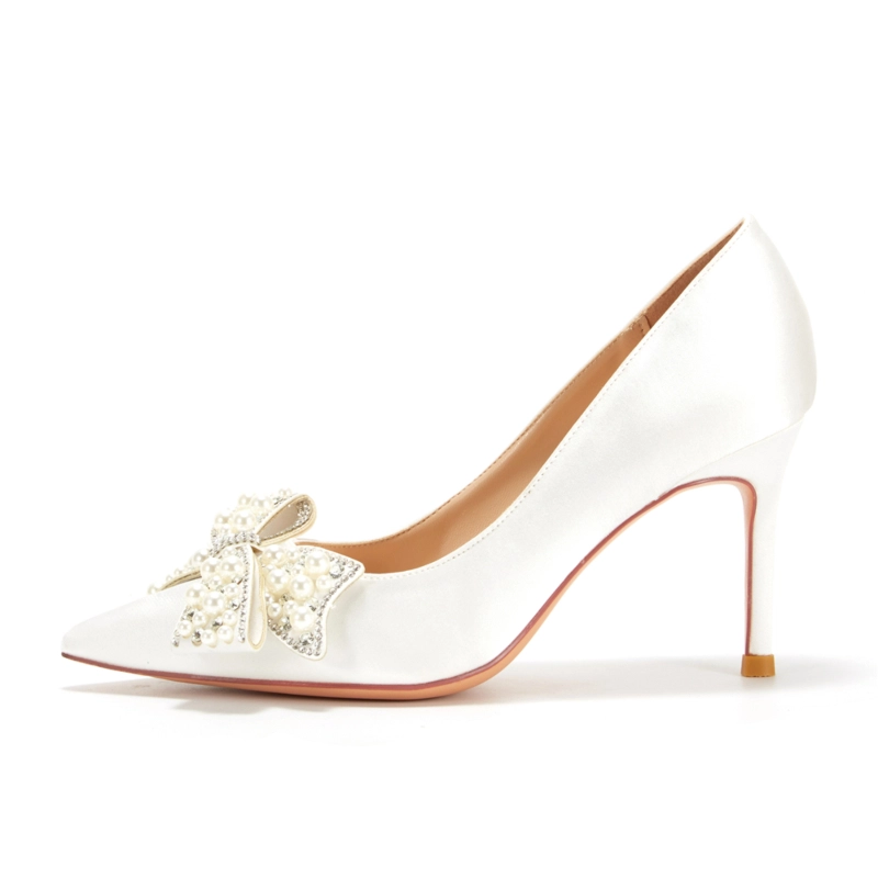 Women's White Pearl Bow Pointed Toe Stiletto Heel Pump 5 Women's White Pearl Bow Pointed Toe Stiletto Heel Pump - Image 3