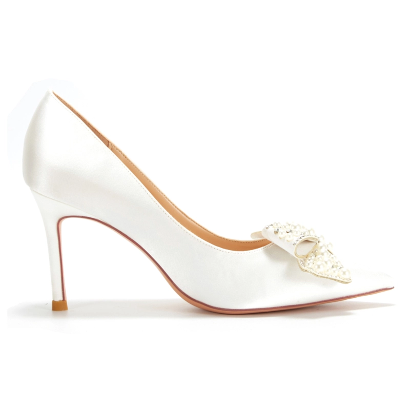 Women's White Pearl Bow Pointed Toe Stiletto Heel Pump 6 Women's White Pearl Bow Pointed Toe Stiletto Heel Pump - Image 4