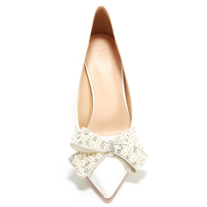 Women's White Pearl Bow Pointed Toe Stiletto Heel Pump 8 Women's White Pearl Bow Pointed Toe Stiletto Heel Pump - Image 6