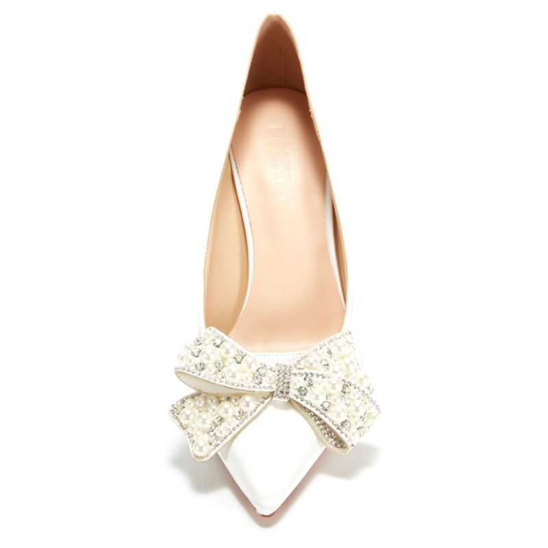Women's White Pearl Bow Pointed Toe Stiletto Heel Pump 9 Women's White Pearl Bow Pointed Toe Stiletto Heel Pump - Image 7