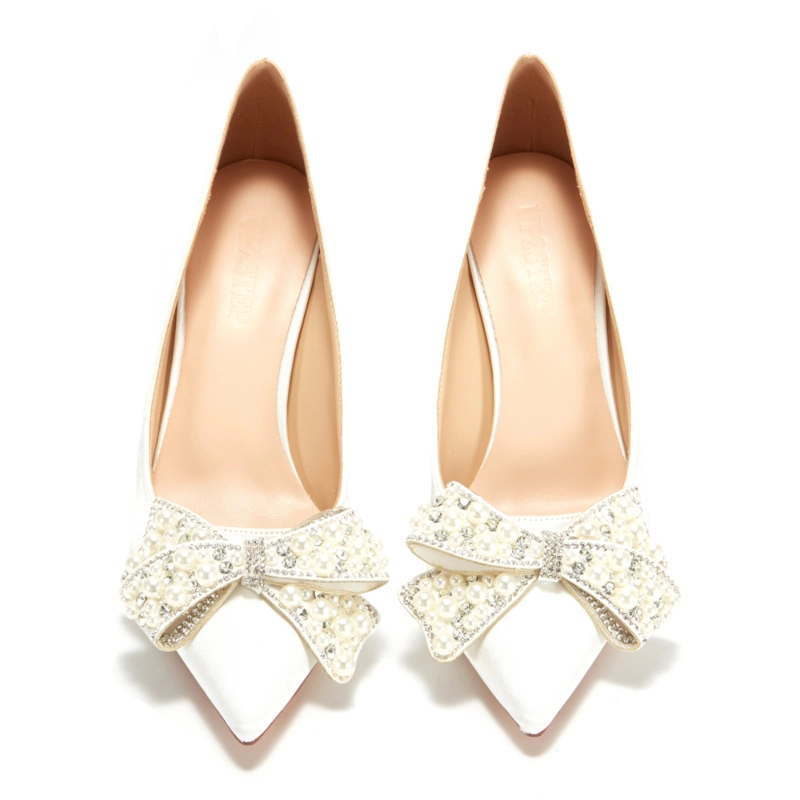 Women's White Pearl Bow Pointed Toe Stiletto Heel Pump 10 Women's White Pearl Bow Pointed Toe Stiletto Heel Pump - Image 8