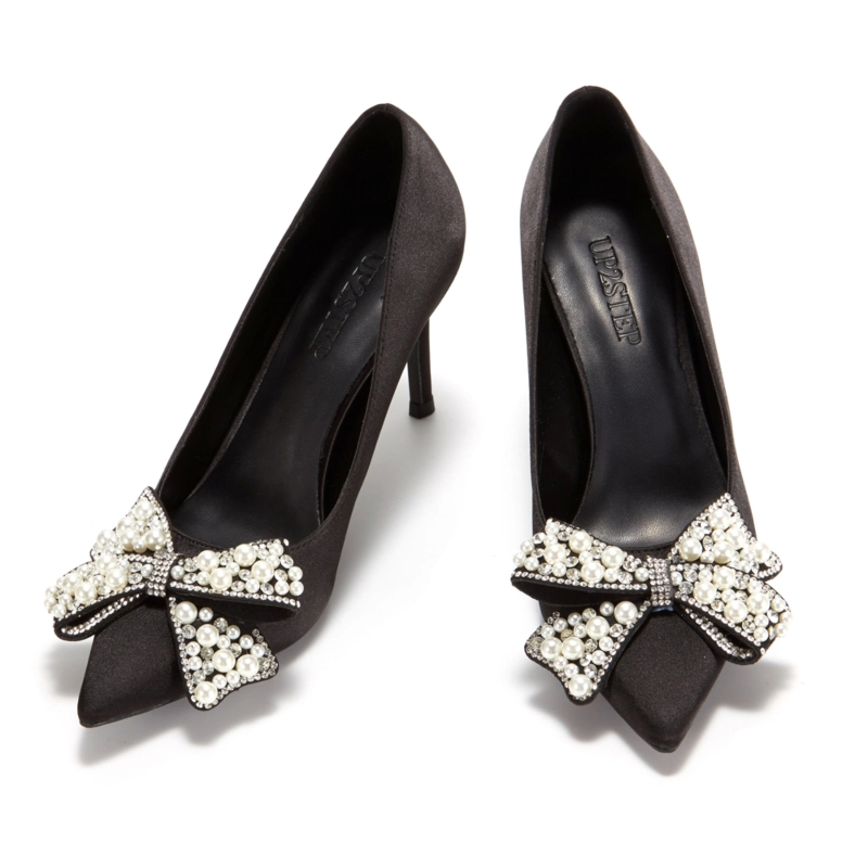 Women's White Pearl Bow Pointed Toe Stiletto Heel Pump 16 Women's White Pearl Bow Pointed Toe Stiletto Heel Pump - Image 14