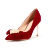 Women's Red Velvet Bow Heels Pointed Toe Pumps