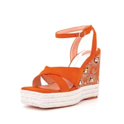 Women's Suede Open Toe Rhinestone Wedge Heel Ankle Strap Sandals