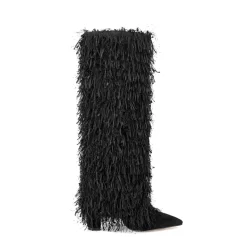 Fabric Fringe Furry Fold Over Boots Pointed Toe Chunky Heel Knee High Booties -Ladies Fashion Shoes u2shs12 07 252 1.jpg.mst
