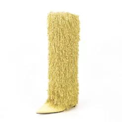 Fabric Fringe Furry Fold Over Boots Pointed Toe Chunky Heel Knee High Booties