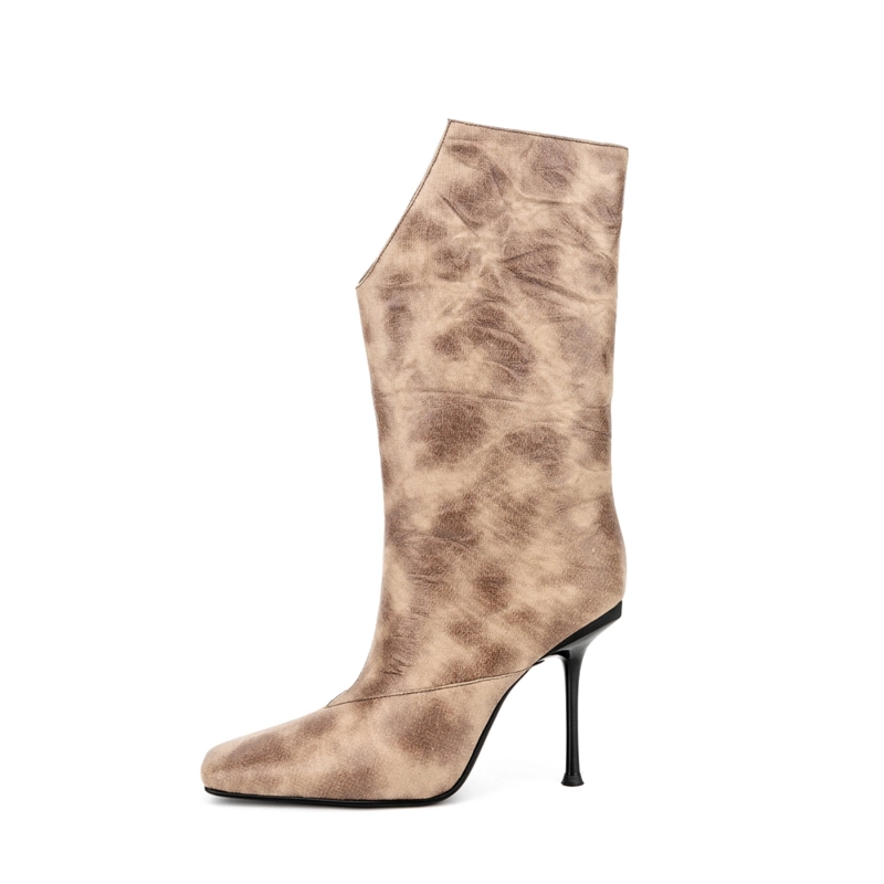 Brown V-Cut Mid-Calf Boots Stiletto Heel Square Toe Booties 4 Brown V-Cut Mid-Calf Boots Stiletto Heel Square Toe Booties - Image 2