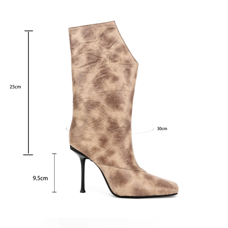 Brown V-Cut Mid-Calf Boots Stiletto Heel Square Toe Booties 11 Brown V-Cut Mid-Calf Boots Stiletto Heel Square Toe Booties - Image 9