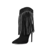 Black Suede Rhinestone Fringe Stiletto Heels Cowboy Ankle Boots