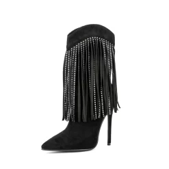 Black Suede Rhinestone Fringe Stiletto Heels Cowboy Ankle Boots