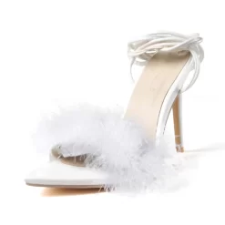 Women's Furry Feather Open Toe Stiletto Heel Strappy Sandals