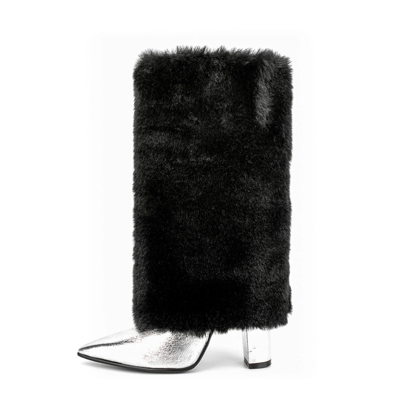 Women's Faux Fur Fold Over Pointed Toe Chunky Heel Knee High Boots 4 Women's Faux Fur Fold Over Pointed Toe Chunky Heel Knee High Boots - Image 2