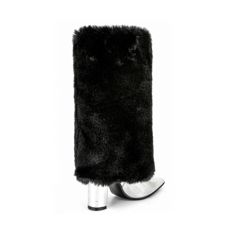 Women's Faux Fur Fold Over Pointed Toe Chunky Heel Knee High Boots 10 Women's Faux Fur Fold Over Pointed Toe Chunky Heel Knee High Boots - Image 8