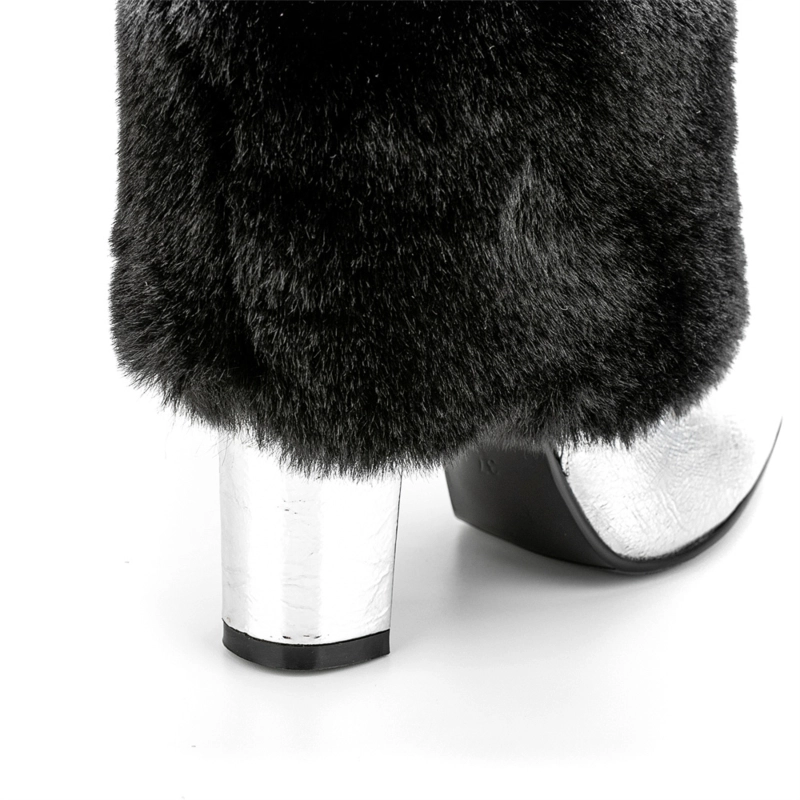 Women's Faux Fur Fold Over Pointed Toe Chunky Heel Knee High Boots 6 Women's Faux Fur Fold Over Pointed Toe Chunky Heel Knee High Boots - Image 4