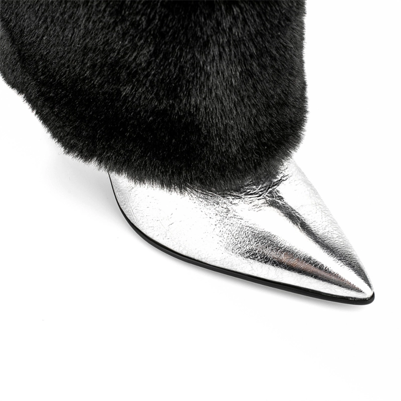 Women's Faux Fur Fold Over Pointed Toe Chunky Heel Knee High Boots 5 Women's Faux Fur Fold Over Pointed Toe Chunky Heel Knee High Boots - Image 3