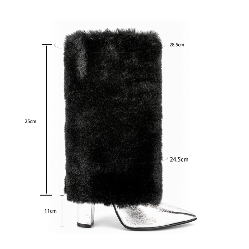 Women's Faux Fur Fold Over Pointed Toe Chunky Heel Knee High Boots 11 Women's Faux Fur Fold Over Pointed Toe Chunky Heel Knee High Boots - Image 9