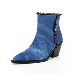 Blue Denim Fringe Block Heel Cowboy Ankle Boots Western Booties